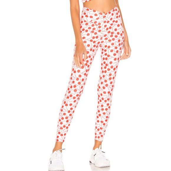 Beach Riot Pants - Beach Riot Sport Cherry Dotty Legging Tights White with Red Cherries, size S